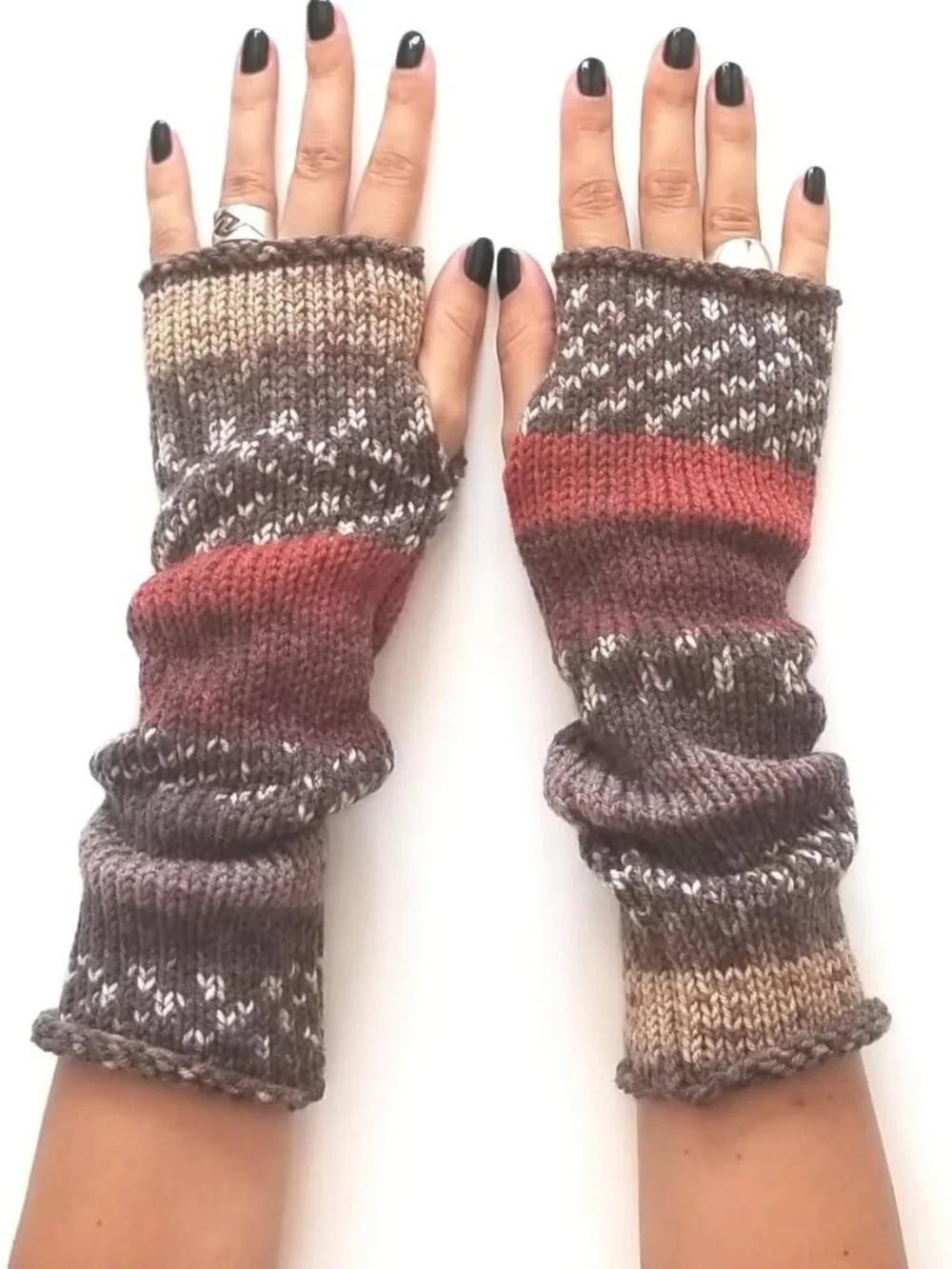 Cozy Handmade Knitted Winter Fingerless Gloves - Brown & Dark Orange Multicolor